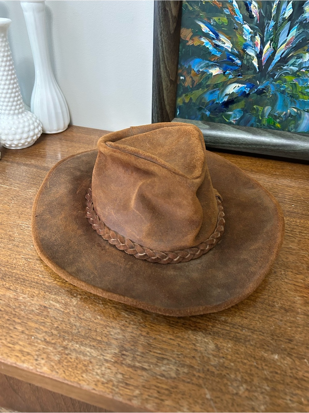 Vintage Minnetonka Leather Outback Cowboy Hat - Made in USA - Medium